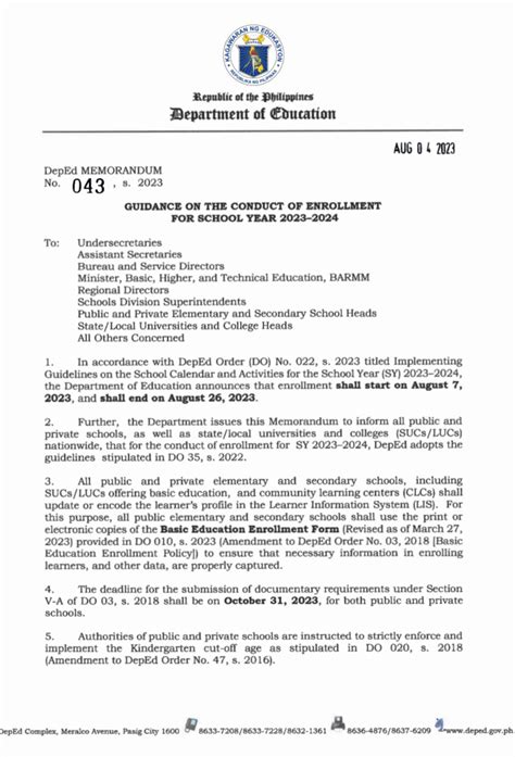 DM No. 043, s. 2024 – Conduct of Early Registration for School .